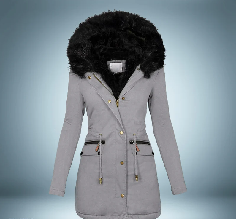 Parka élégant pour femme noir avec bordure en fourrure