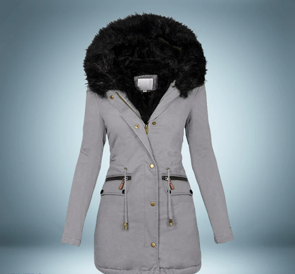 Parka élégant pour femme noir avec bordure en fourrure