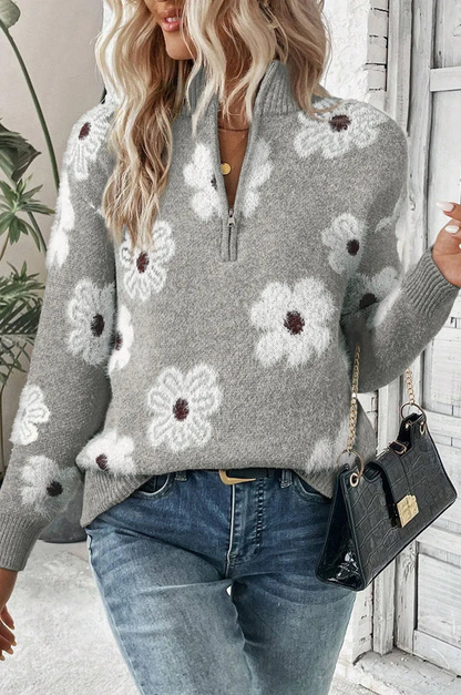 Pull femme à motifs floraux et demi-zip