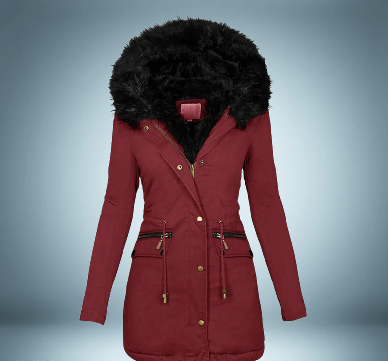 Parka élégant pour femme noir avec bordure en fourrure