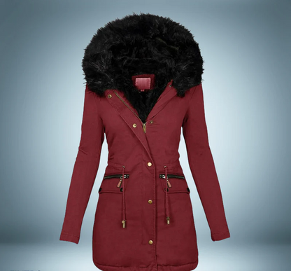 Parka élégant pour femme noir avec bordure en fourrure