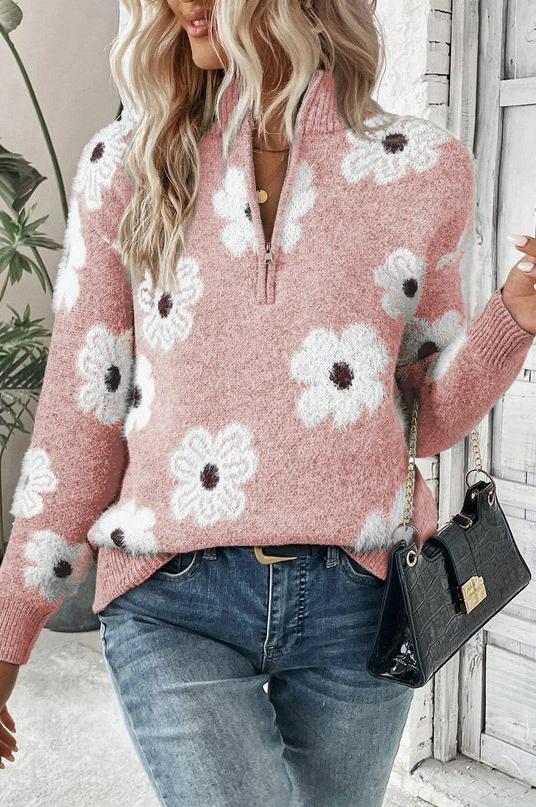 Pull femme à motifs floraux et demi-zip