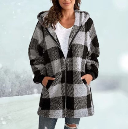 Veste douillette motif carreaux capuche hiver