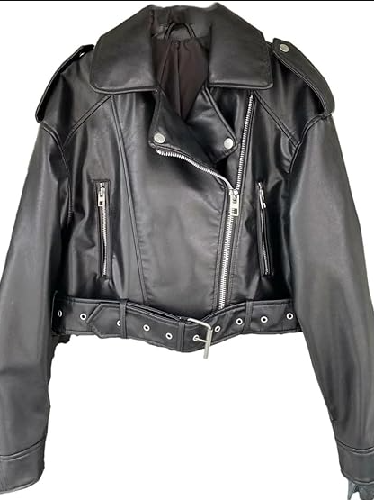 Blouson en cuir style motard court avec ceinture