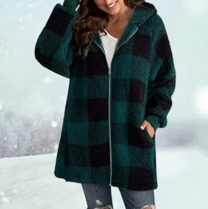 Veste douillette motif carreaux capuche hiver