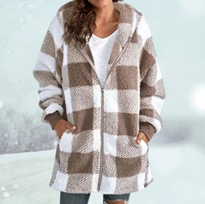 Veste douillette motif carreaux capuche hiver