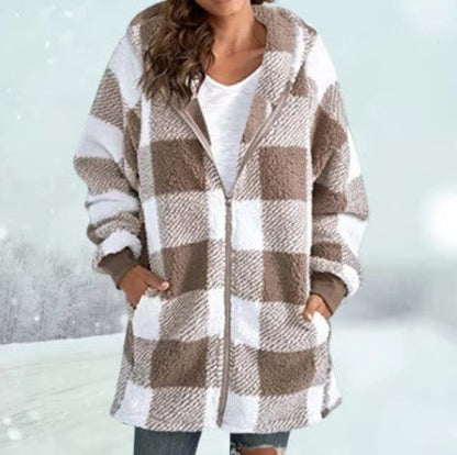 Veste douillette motif carreaux capuche hiver