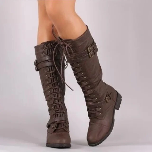 Bottes rétro femme plates à boucles et lacets
