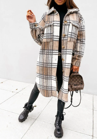 Manteau long élégant à carreaux pour femme