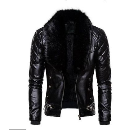 Herren Lederjacke Bikerstil Abnehmbarer Kragen - IdealeKleiden