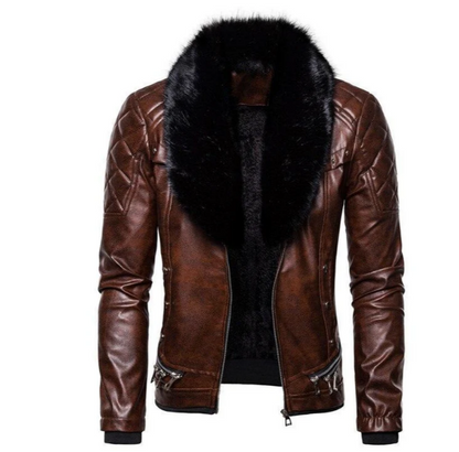Blouson homme en cuir style motard col amovible