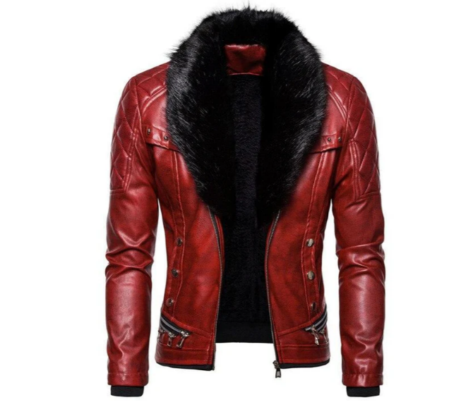 Blouson homme en cuir style motard col amovible
