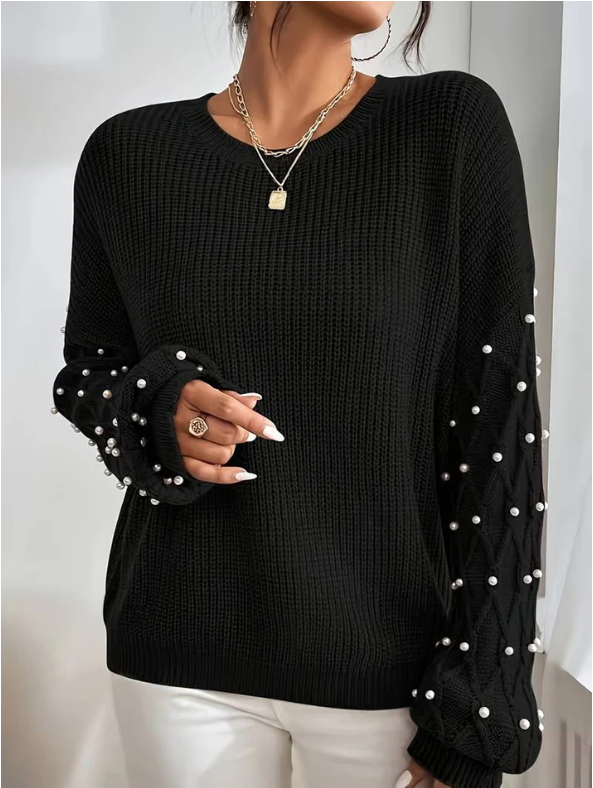 Damen Strickpullover Perlendekor Elegant - IdealeKleiden