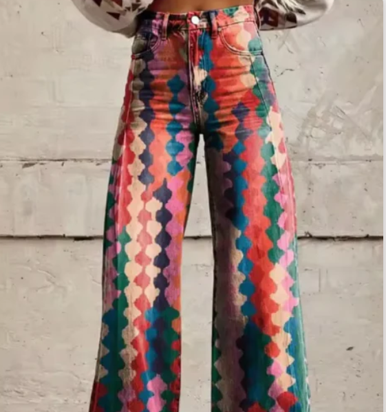 Pantalon large femme imprimé coloré