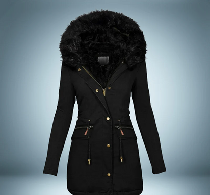 Parka élégant pour femme noir avec bordure en fourrure