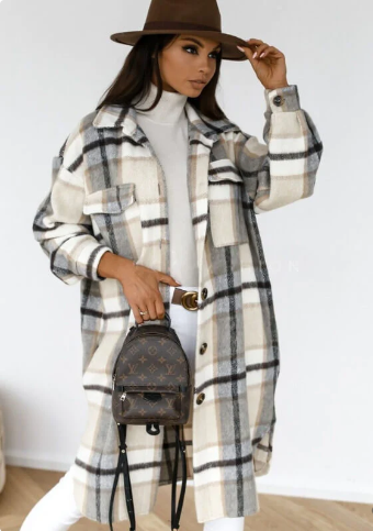 Manteau long élégant à carreaux pour femme