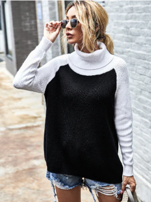 Pull color block col roulé moderne