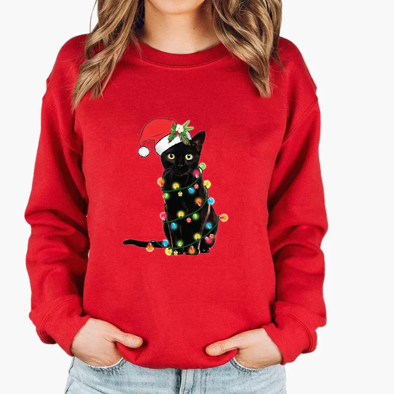 Pull de Noël chat guirlande lumineuse - Pull chat drôle Hiver