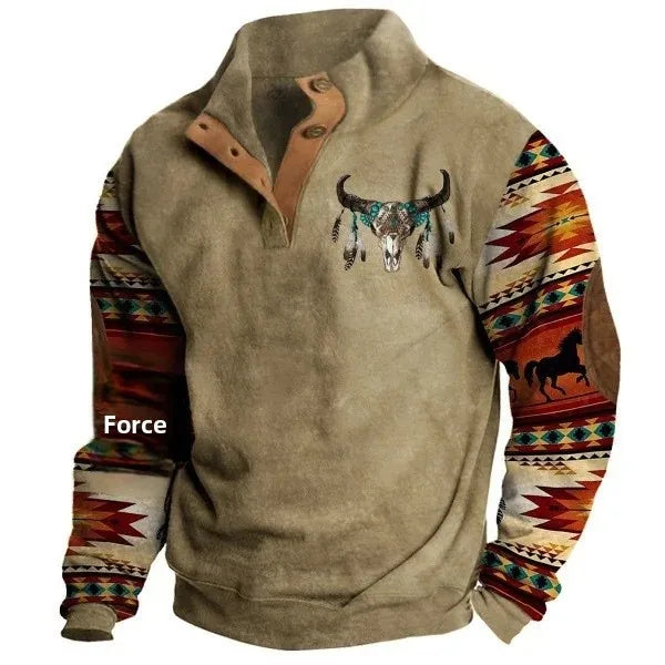 Sweat-shirt western stylé, motif ethnique, col montant