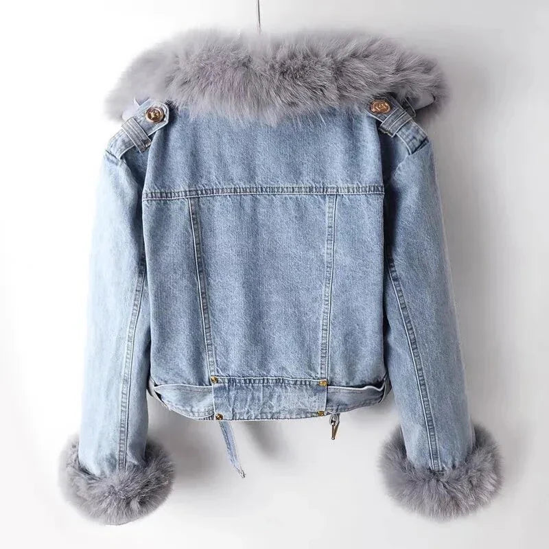 Modische Denimjacke Kunstfellgefüttert Warm - IdealeKleiden