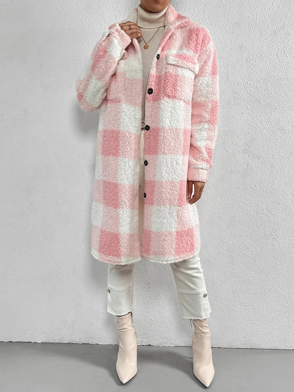 Manteau long en polaire à carreaux chaud