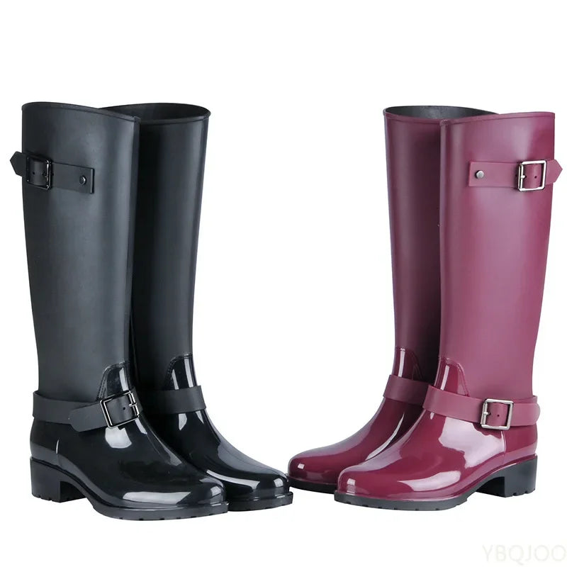 Damen Gummistiefel Wasserdicht Knielang Schnalle Blockabsatz - IdealeKleiden