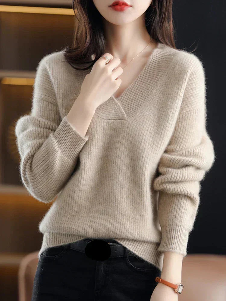 Damen Pullover V-Ausschnitt Langarm Strick - IdealeKleiden