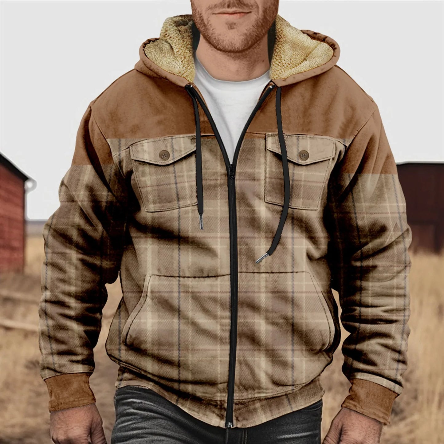 Chemise à carreaux en flanelle polaire chaude à capuche pour homme