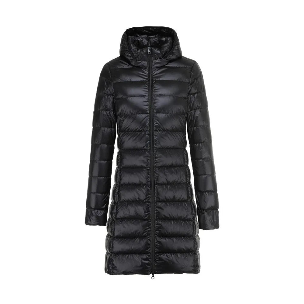 Manteau d'hiver chaud matelassé long pour femme avec capuche amovible