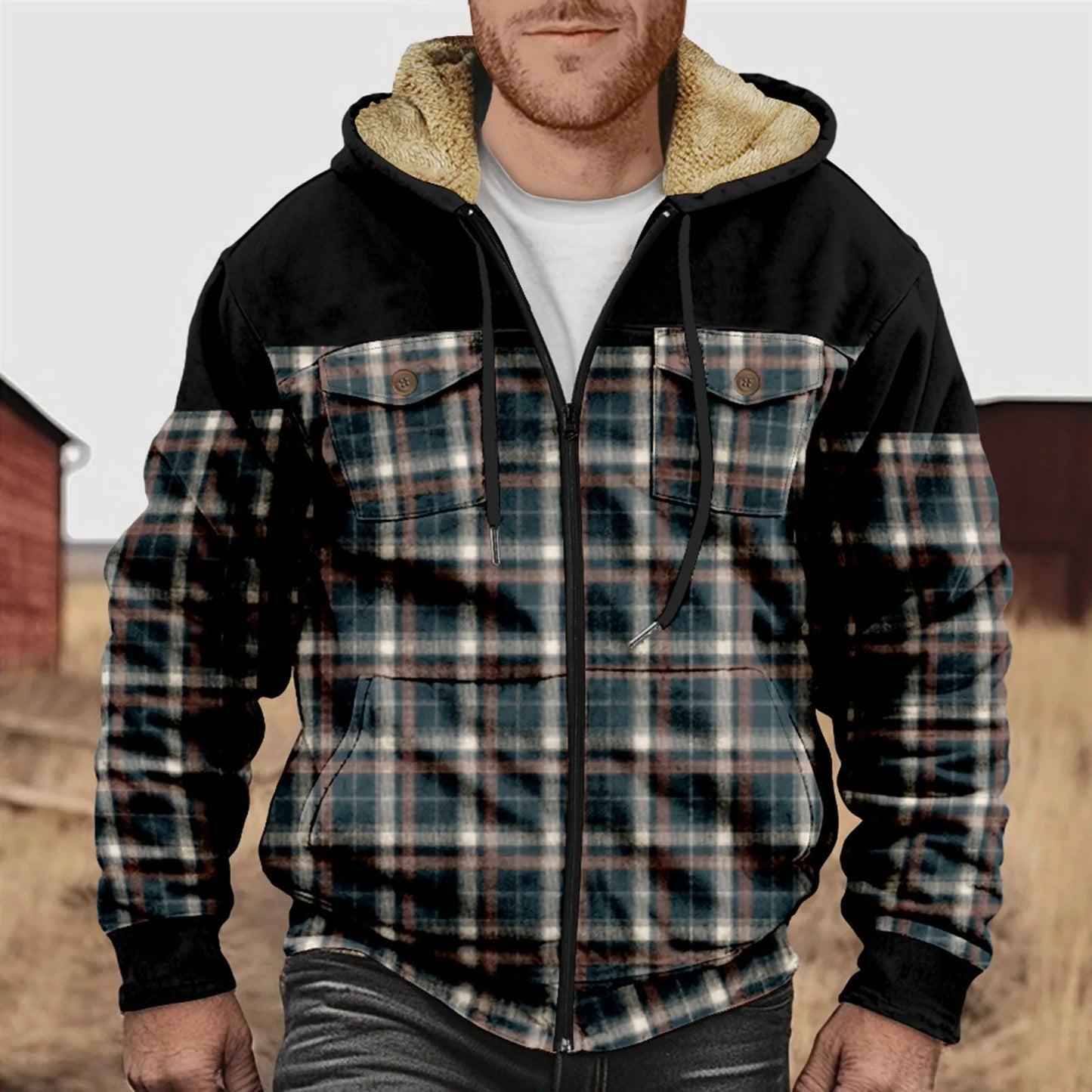 Chemise à carreaux en flanelle polaire chaude à capuche pour homme