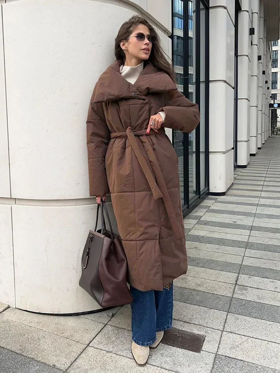 Parka d'hiver matelassé long pour femme avec ceinture