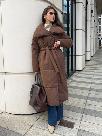 Parka d'hiver matelassé long pour femme avec ceinture