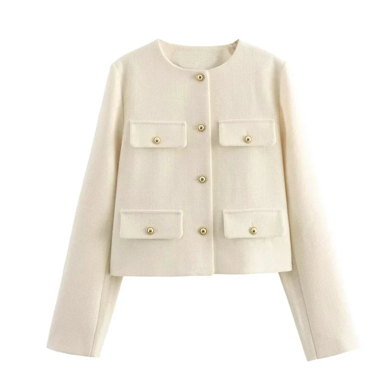 Élégante veste pour femme, tissu bouclé, boutons dorés