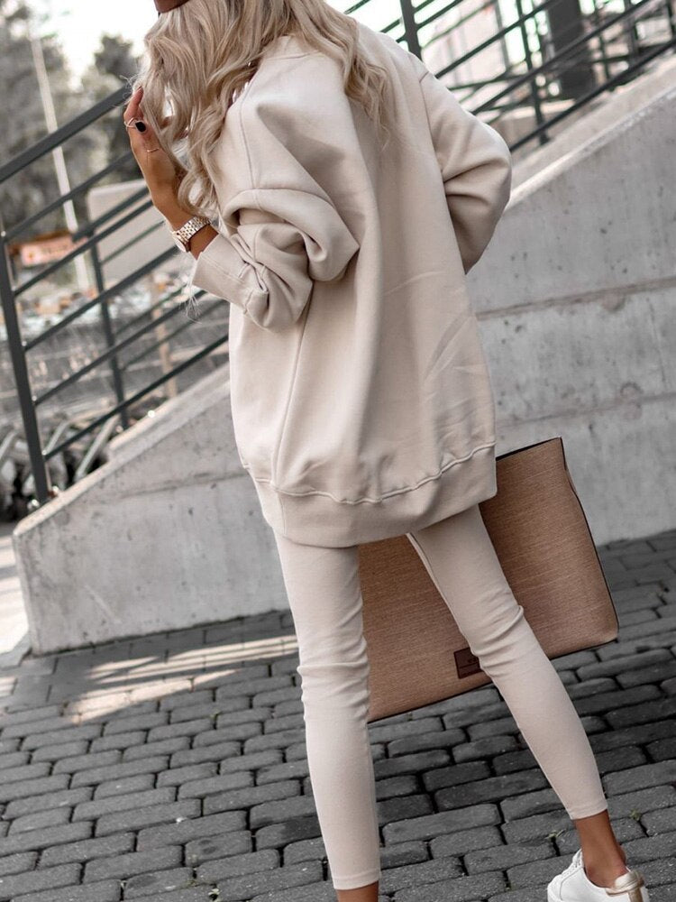 Damen Herbst Mode Set - Oversized Pullover und Leggings - IdealeKleiden