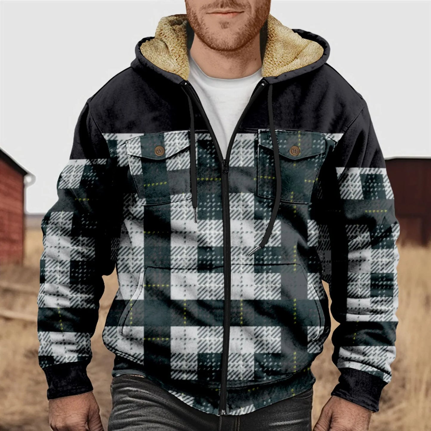 Chemise à carreaux en flanelle polaire chaude à capuche pour homme