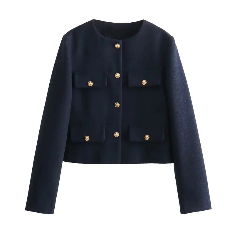 Élégante veste pour femme, tissu bouclé, boutons dorés