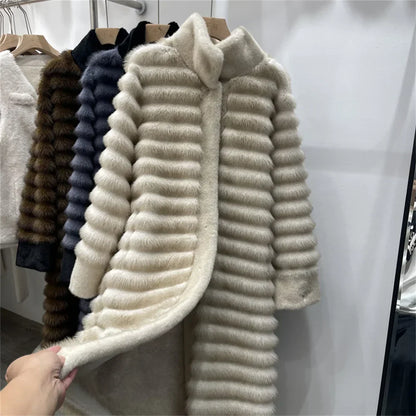 Manteau tendance coupe décontractée col montant avec garniture en fourrure