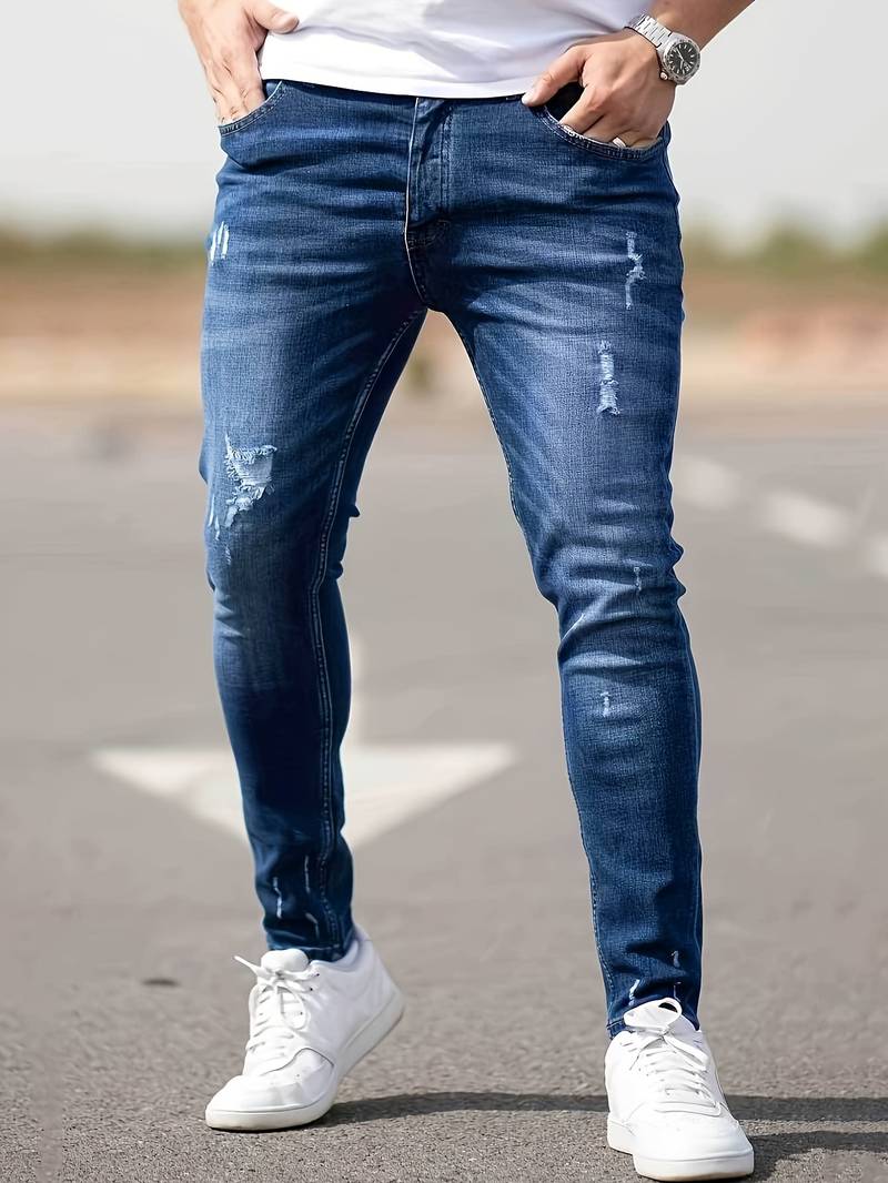 Jean slim déchiré bleu pour homme