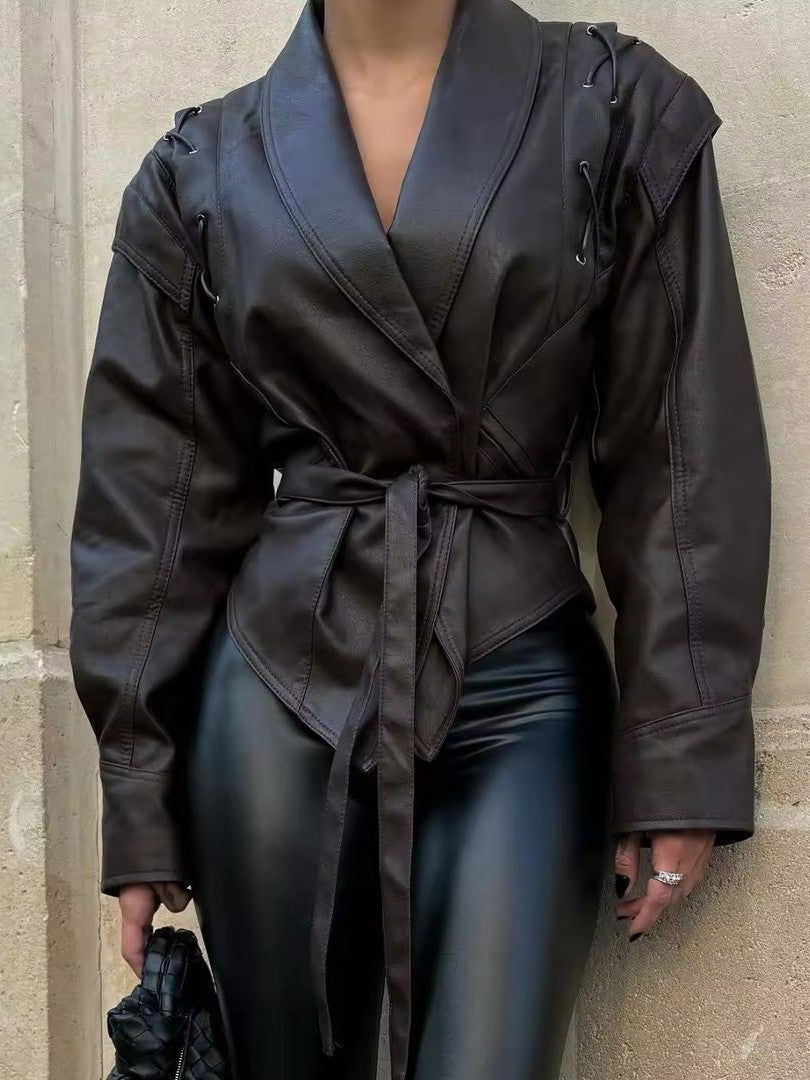 Veste en cuir élégante, blazer à lacets, col chic