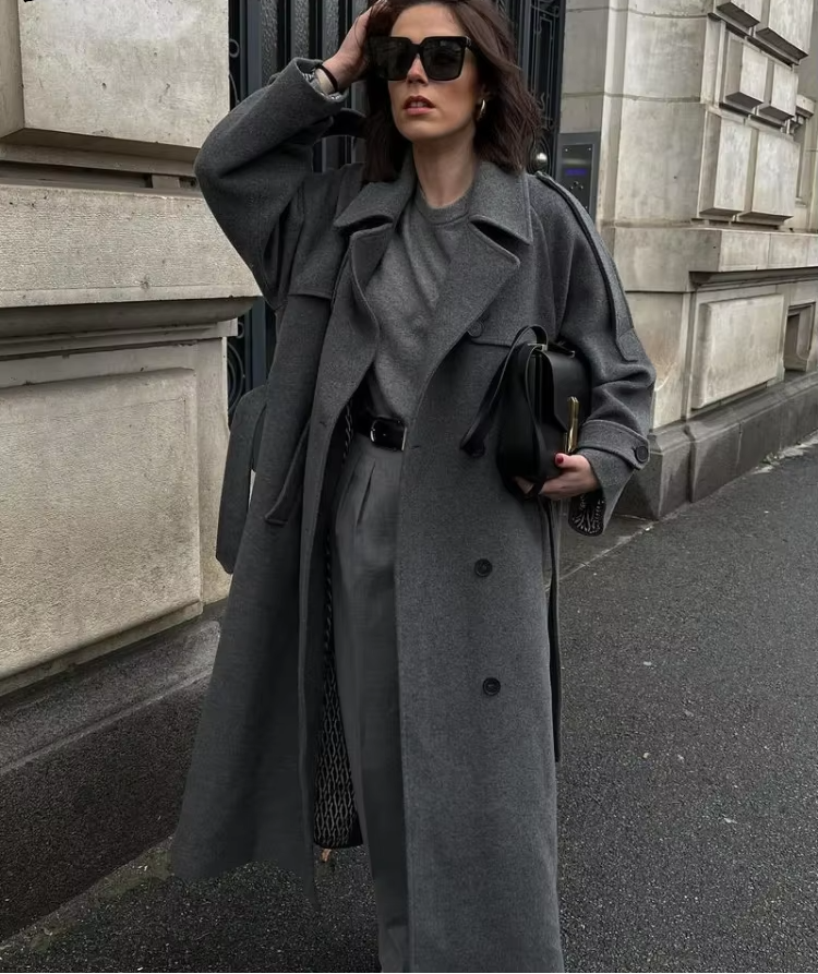 Trench-coat long d'hiver en laine élégant pour femme