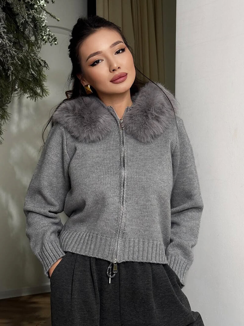 Damen Winterjacke Grau Kapuze Kunstpelz - IdealeKleiden
