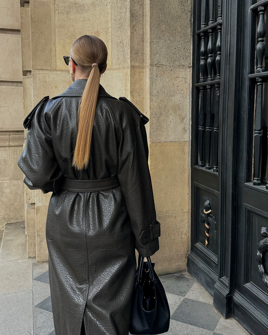 Trench-coat long en cuir pour femme Élégant Hiver