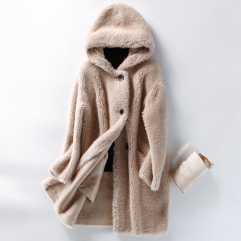 Manteau teddy oversize capuche fermeture boutonnée