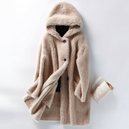 Manteau teddy oversize capuche fermeture boutonnée
