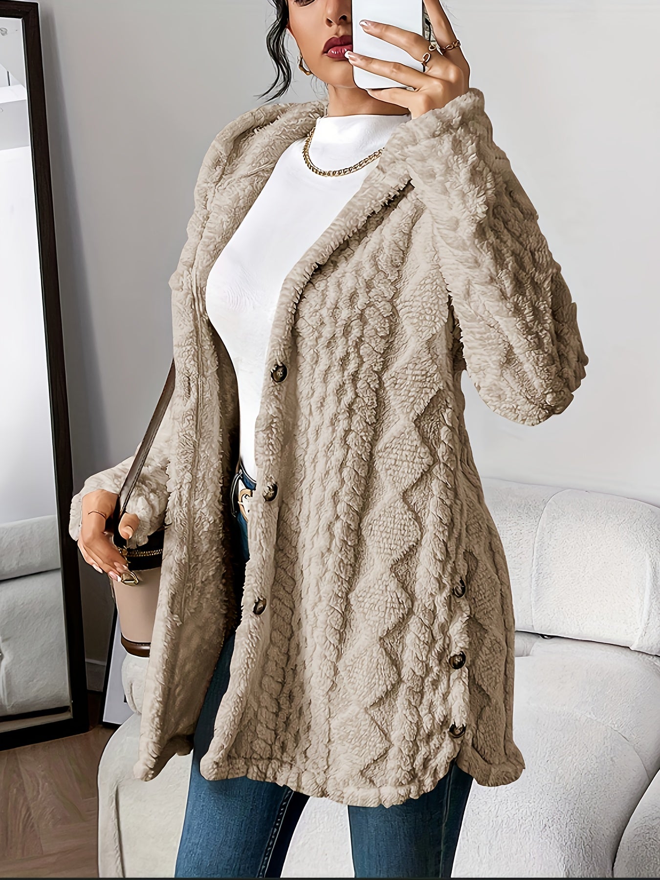 Damen Teddyjacke Warm Kapuze Knopf - IdealeKleiden