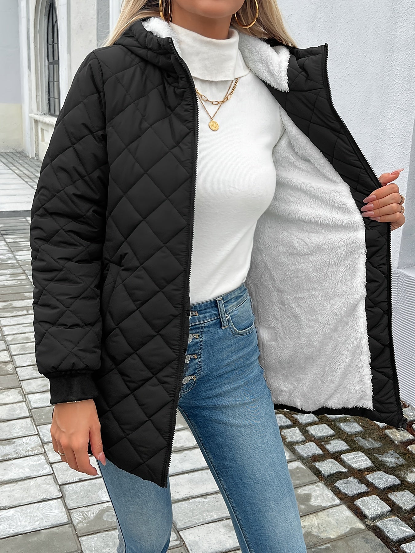 Damen Pufferjacke Warm mit Reißverschluss und Kunstfell - IdealeKleiden