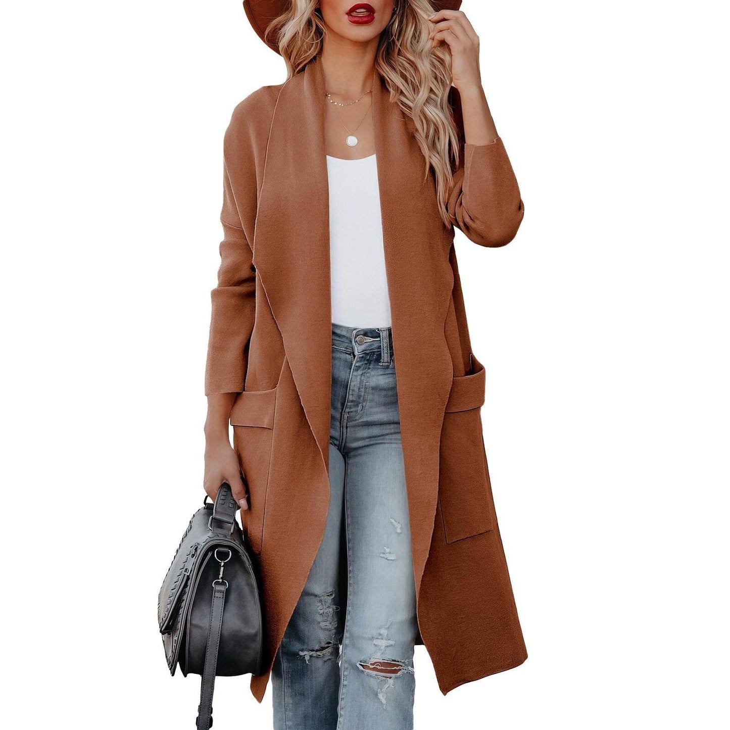 Gilet long ouvert sur le devant avec poches pour femme