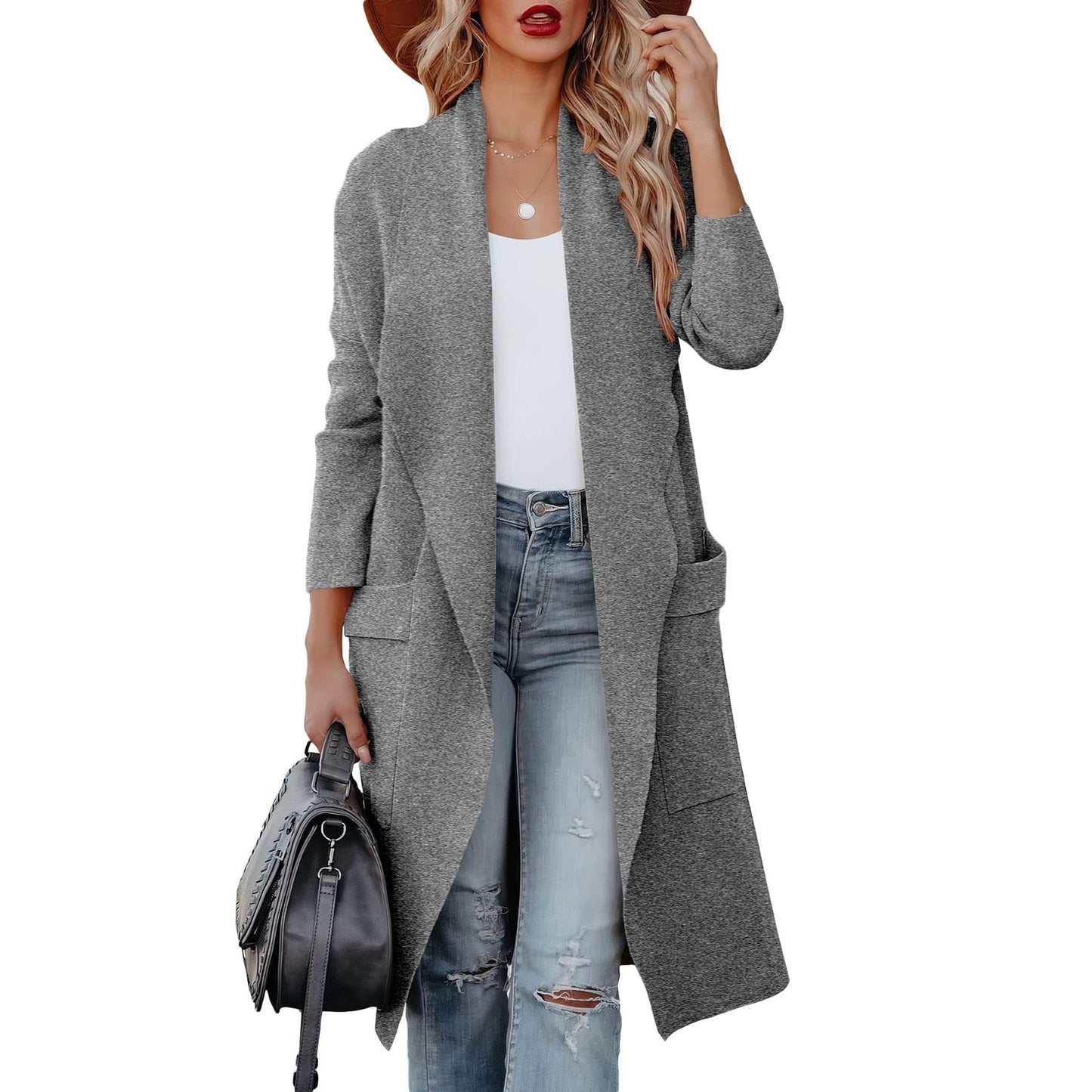 Gilet long ouvert sur le devant avec poches pour femme