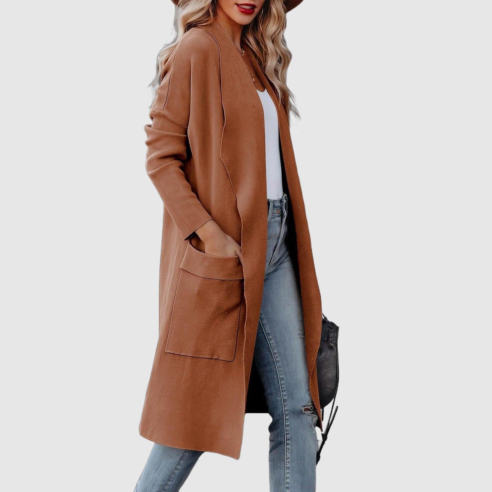 Damen Cardigan Lange Offene Vorderseite Mit Taschen - IdealeKleiden