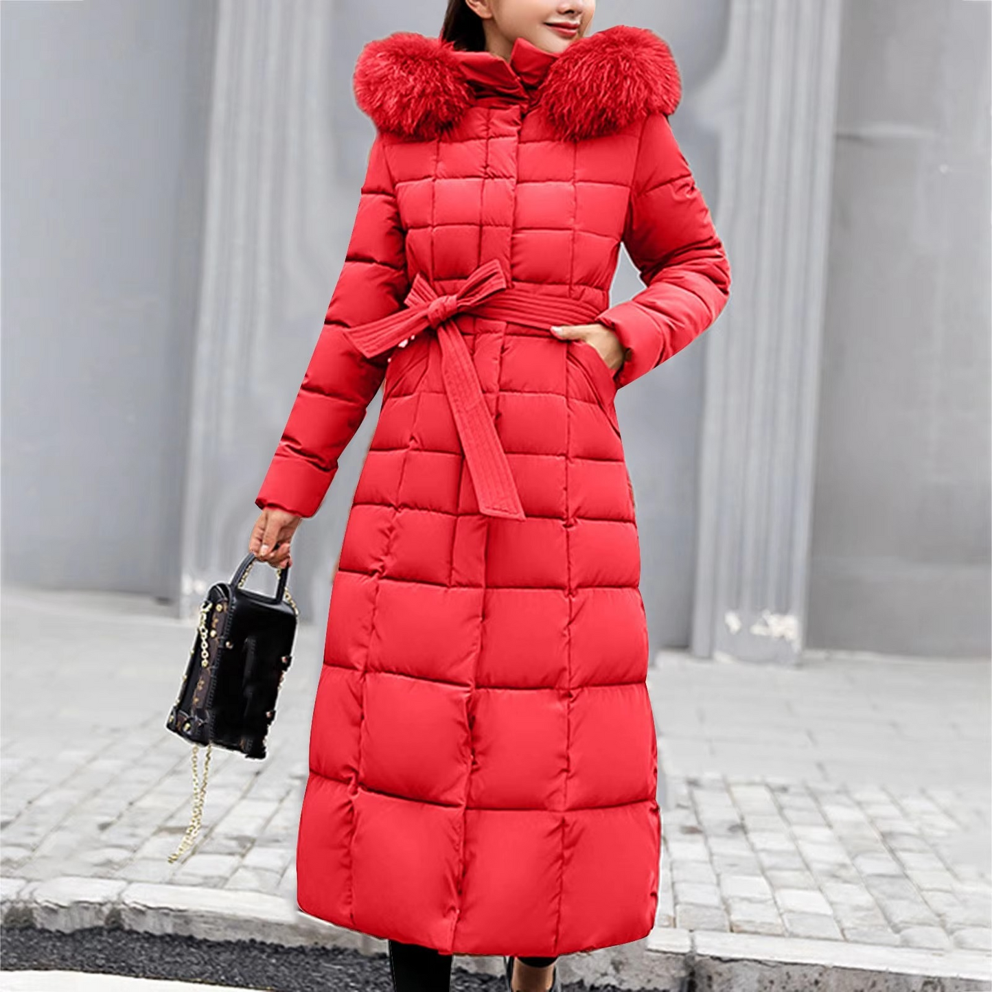 Doudoune Longue Élégante pour Femme avec Détails en Fourrure